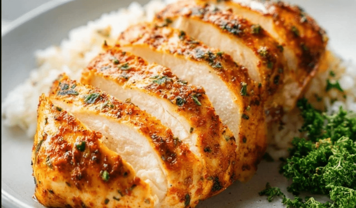 Sliced baked chicken breast with juicy center and seasoned crust