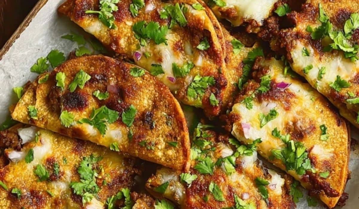 Easy Beef Sheet Pan Tacos on a tray with melty cheese and lime