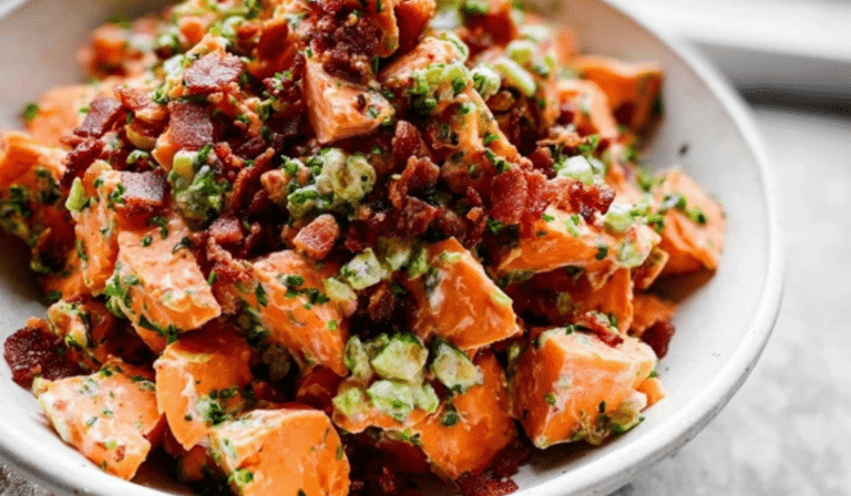 Sweet Potato Salad with Bacon in a bowl with crispy bacon and herbs