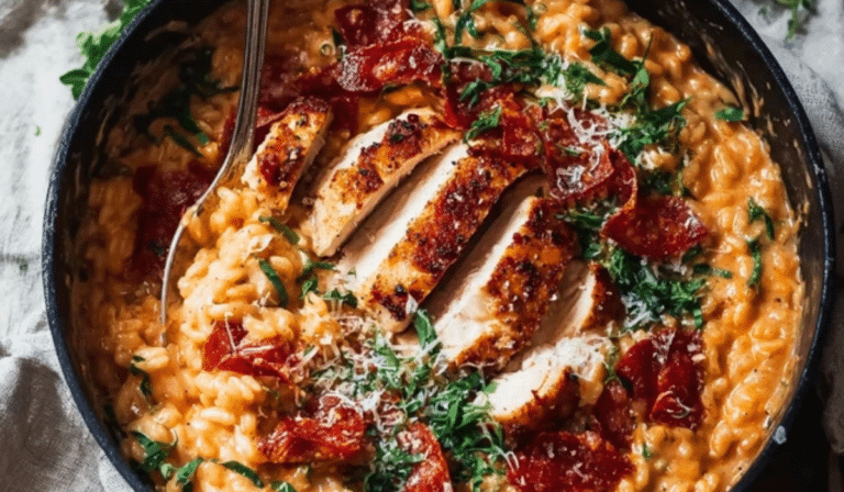 One pot chicken risoni with crispy salami in creamy tomato parmesan sauce