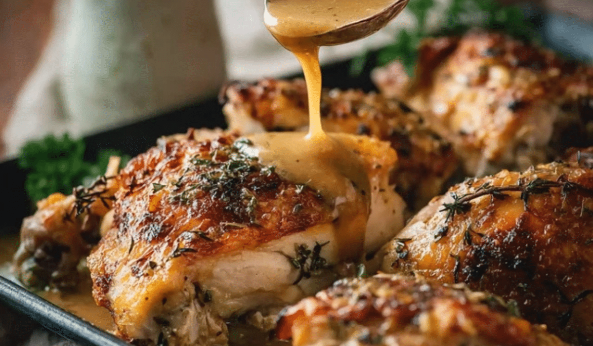 CRISPY Herb Baked Chicken with Gravy with golden skin and pan gravy