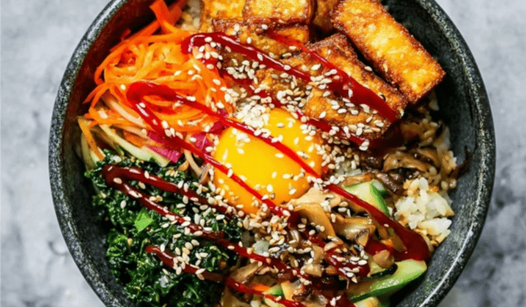 Vegetarian Bibimbap with Crispy Tofu in a bowl with colorful vegetables and gochujang sauce