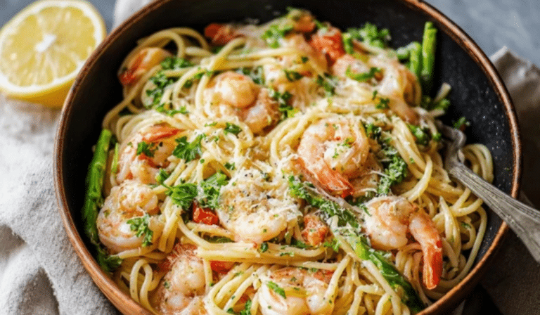 Garlic Shrimp Pasta in a bowl with parsley and lemon
