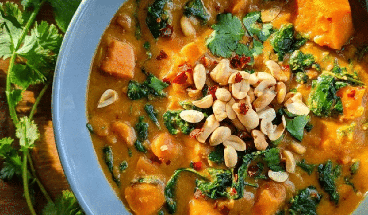 Vegan African Peanut Stew in the Instant Pot topped with cilantro and peanuts