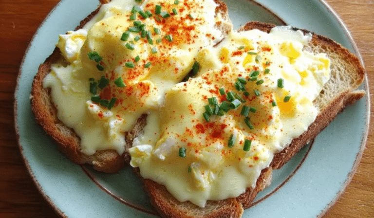Creamed Eggs on Toast topped with paprika and chives on golden toast