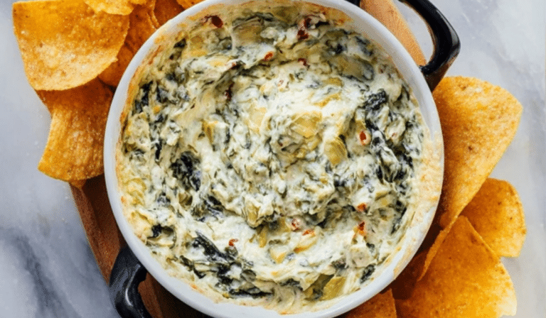 Creamy Spinach Artichoke Dip baked golden and bubbly in a white dish