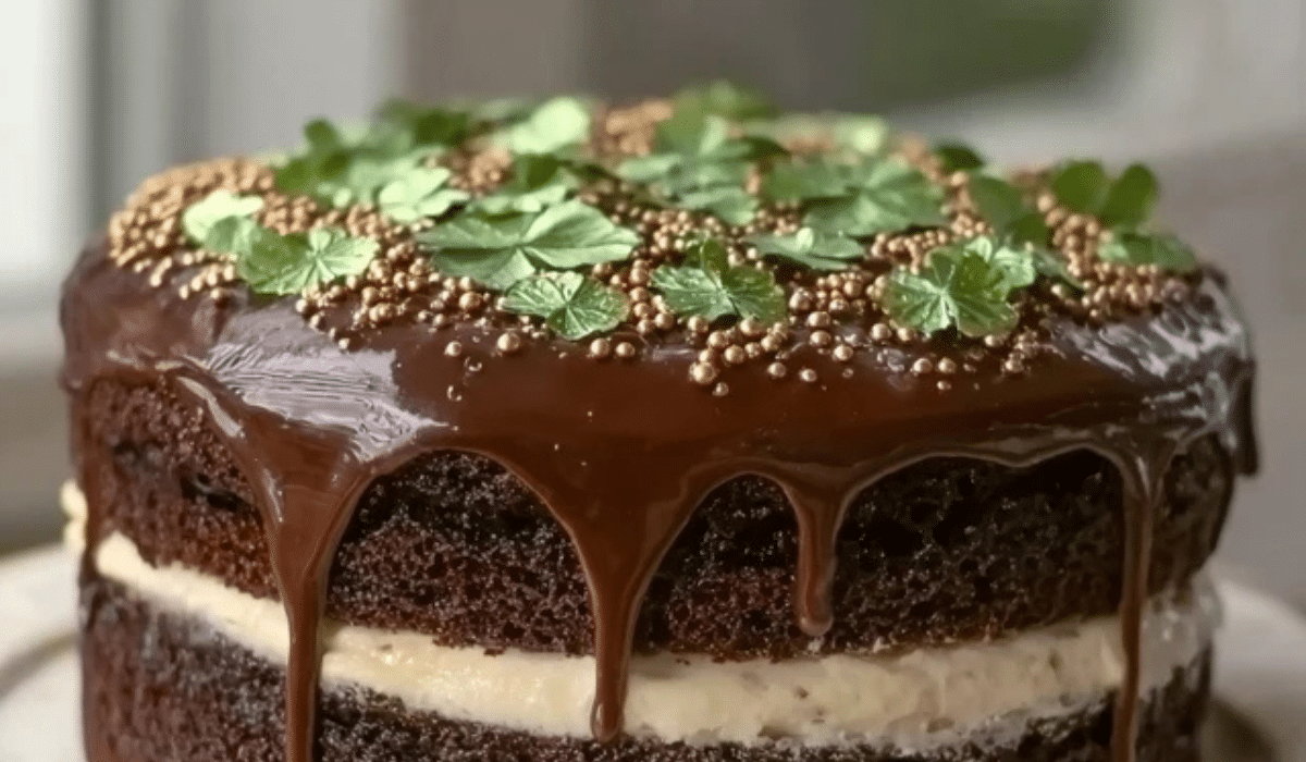 Perfect St. Patrick's Day Cake with Irish cream frosting and chocolate drip
