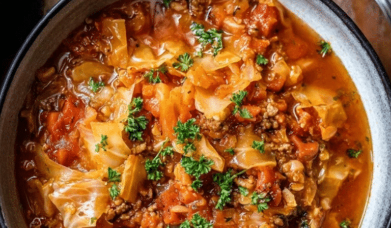 Cabbage Roll Soup in a bowl with beef, cabbage, rice, and parsley