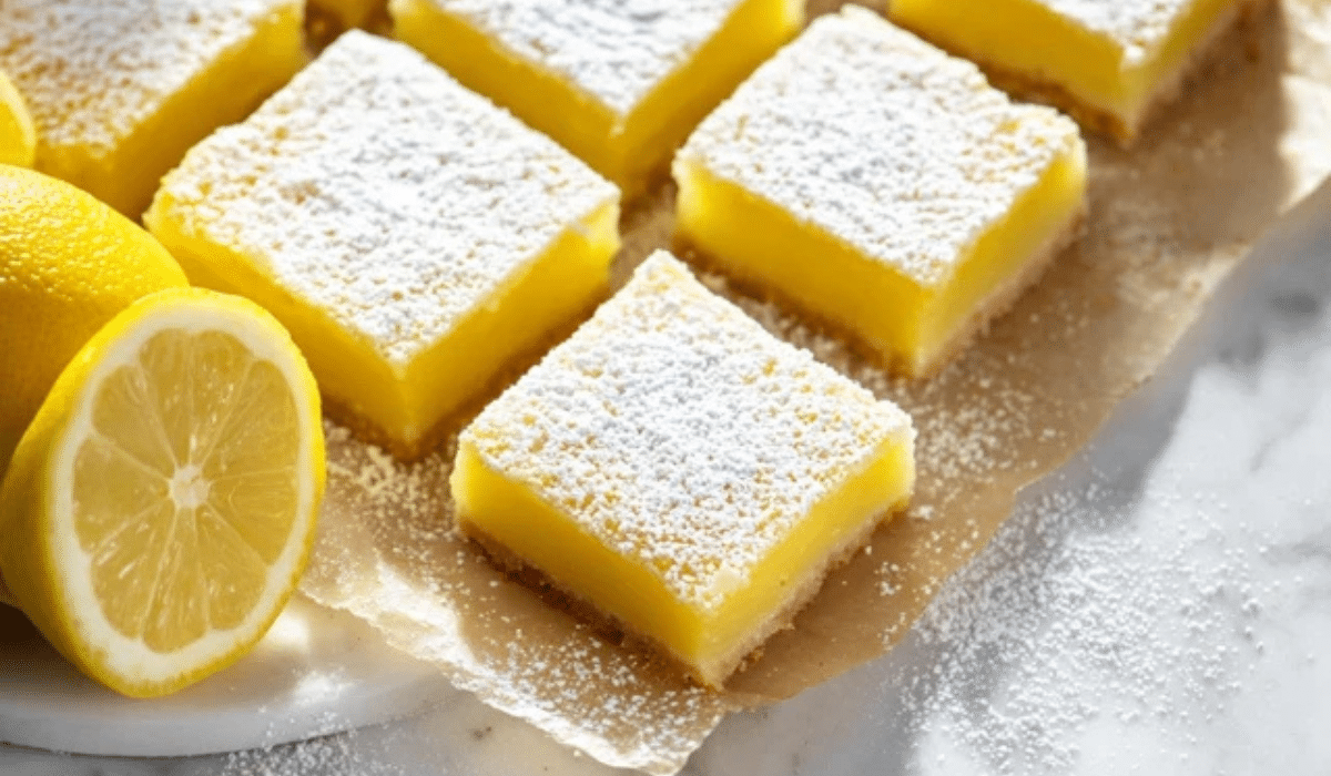 Easy Lemon Bars Recipe squares with powdered sugar in a pan