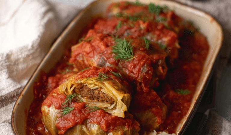 : Golumpki Recipe (Polish Stuffed Cabbage) baked in tomato sauce