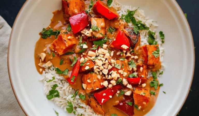 Spicy Thai Peanut Sauce over Roasted Sweet Potatoes and Rice in a bowl