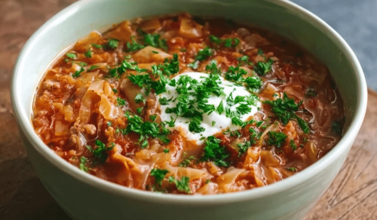 Polish Cabbage Roll Soup in a bowl with parsley and sour cream swirl