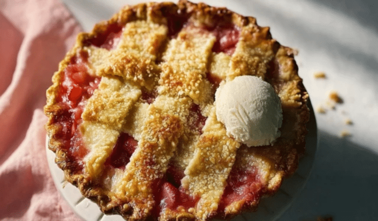 Spring Strawberry Rhubarb Pie with golden lattice crust cooling on a stand