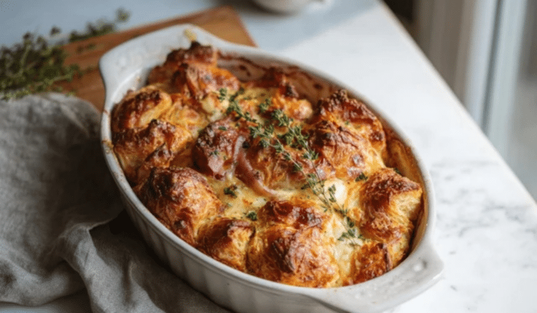 Easy ham and cheese croissant bake with golden flaky top in a baking dish