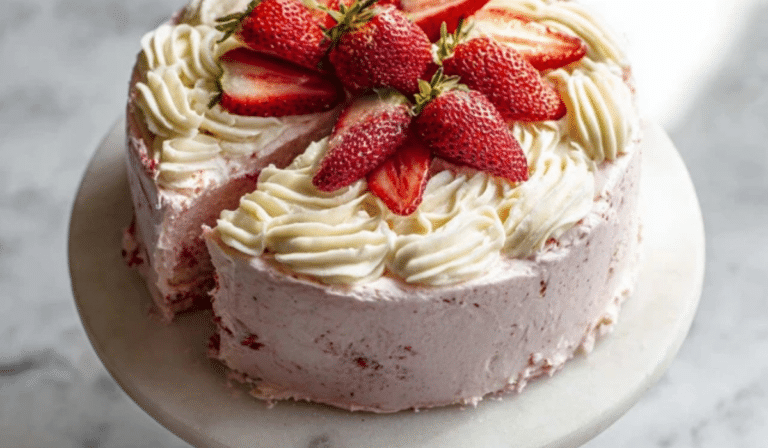Homemade Strawberry Cake with strawberry buttercream and fresh berries