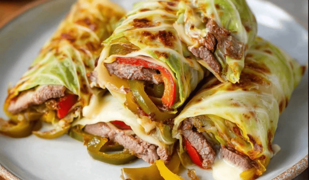 Philly Cheesesteak Cabbage Wraps stacked with steak, peppers, and melted provolone