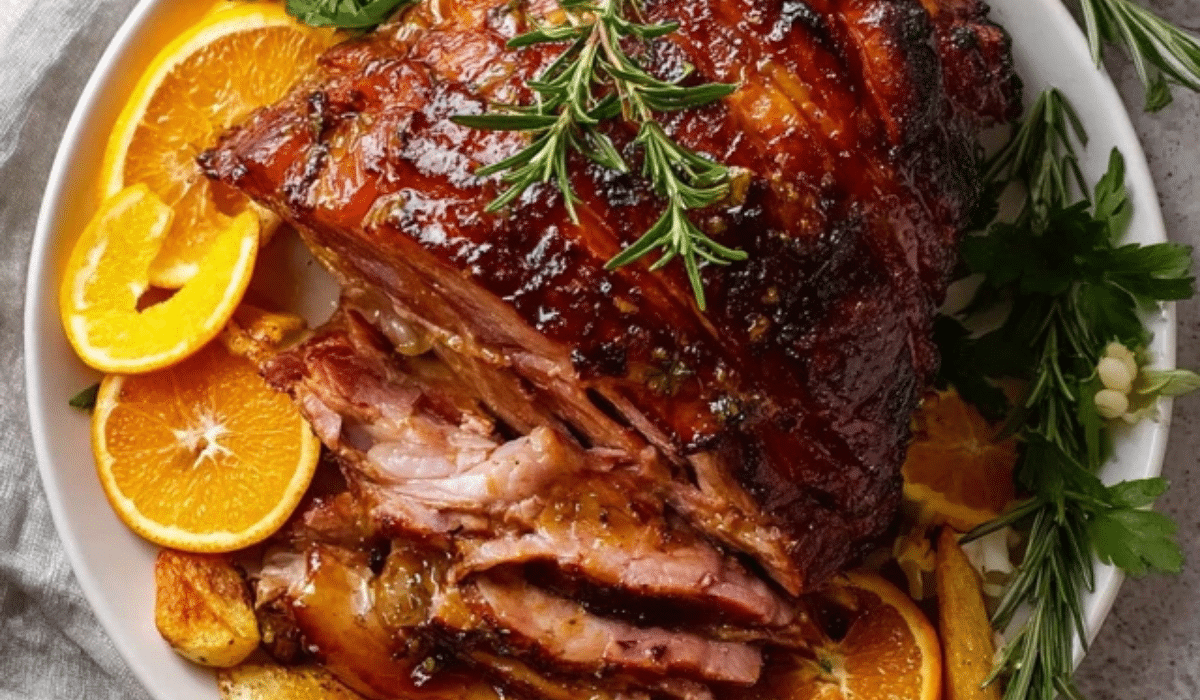 Baked glazed ham sliced with glossy brown sugar honey glaze on a platter