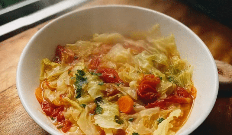 Cabbage Fat-Burning Soup in a bowl with tomatoes and herbs
