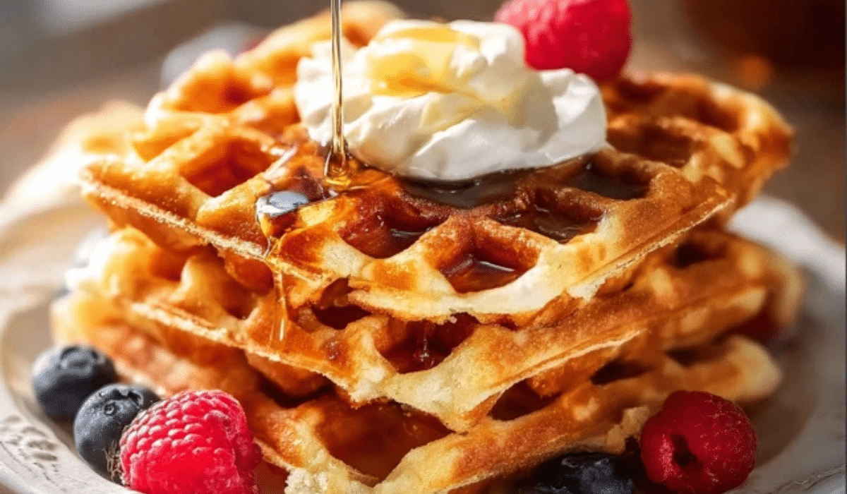Crispy Belgian Waffles stacked with butter and maple syrup