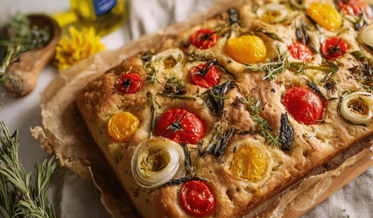 Spring Garden Focaccia baked golden with veggie flowers