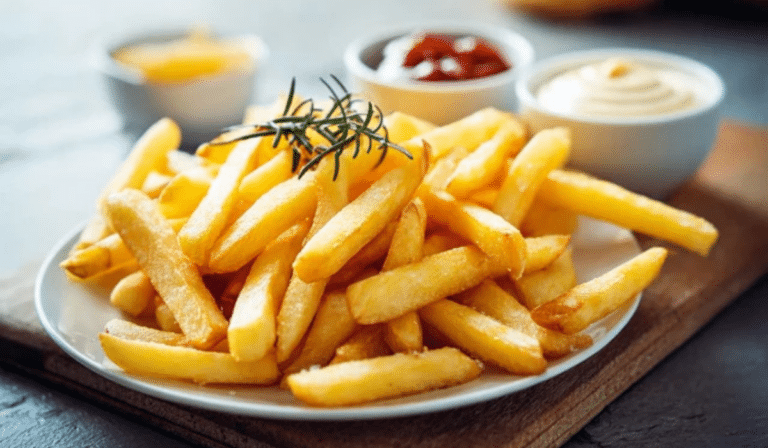 Air Fryer French Fries piled high with flaky salt and ketchup
