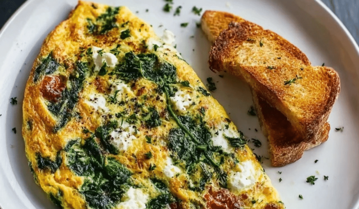Spinach and Feta Omelette recipe on a plate with herbs