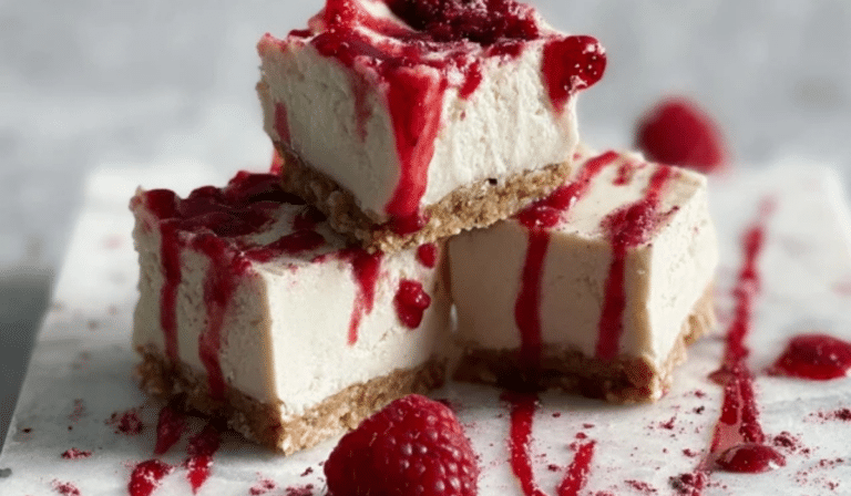 Raspberry cheesecake bites with jam drizzle on a marble board