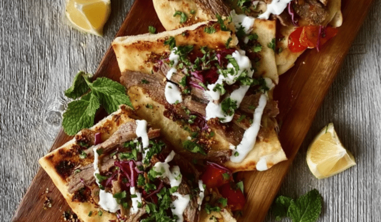 Leftover Lamb Flatbreads topped with spiced lamb and lemony yogurt sauce