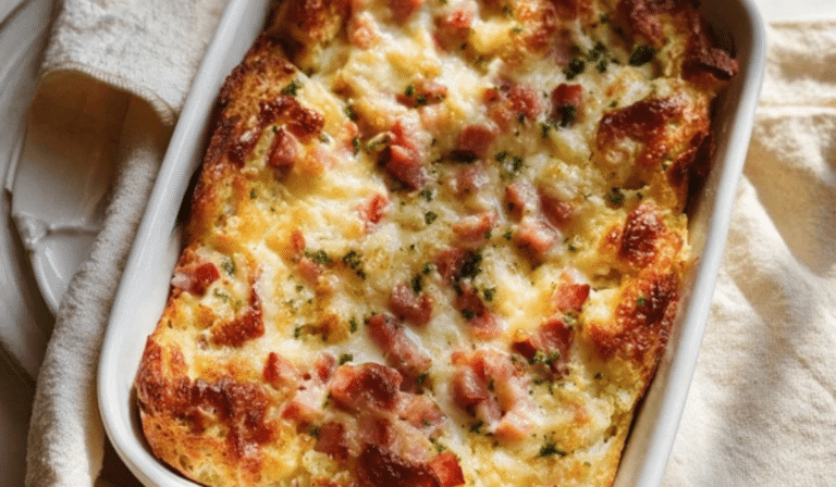 Overnight Ham & Swiss Cheese Strata with golden top in a baking dish
