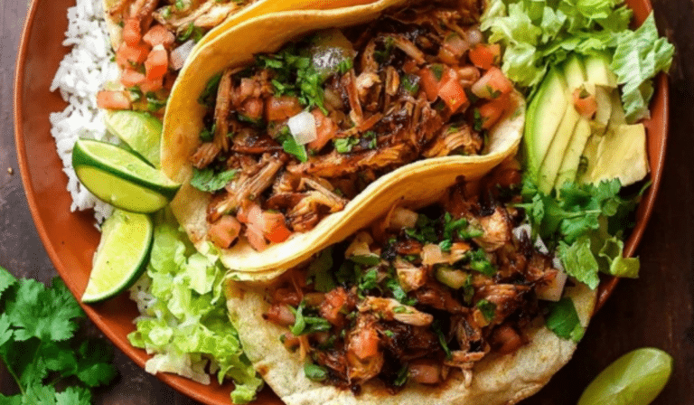 Slow cooker chicken carnitas tacos with crispy edges, lime, and cilantro