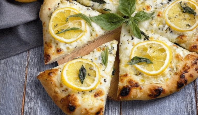 Summer Lemon Ricotta and Basil White Pizza with fresh basil and lemon