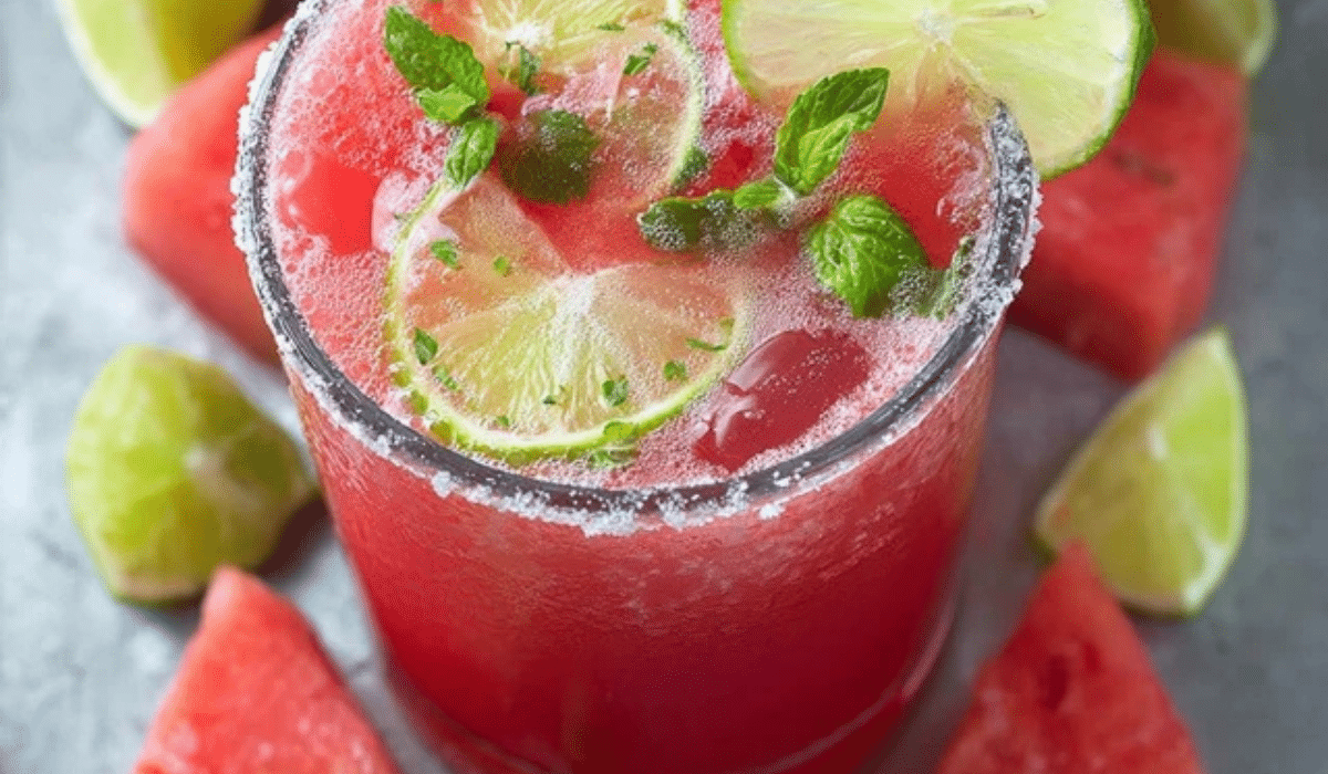 Watermelon Agua Fresca in a pitcher with lime and mint over ice