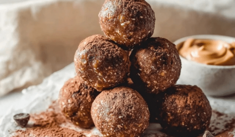 Chocolate Peanut Butter Protein Balls stacked and cocoa-dusted