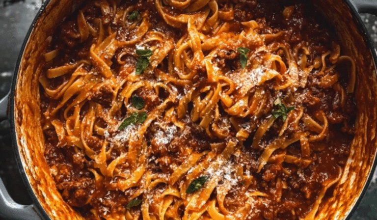 One Pot Pasta Bolognese in a Dutch oven with parmesan and basil