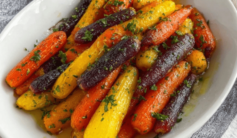 Honey Roasted Rainbow Carrots on a platter with parsley and glossy honey glaze