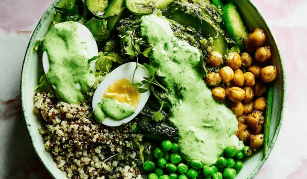 Green Goddess Grain Bowl with quinoa, chickpeas, avocado, and creamy herb dressing
