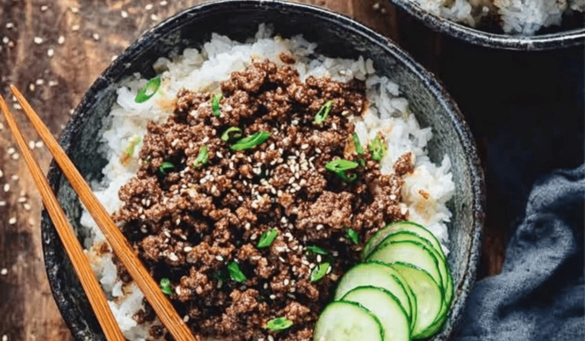 Korean Ground Beef and Rice Bowls with sesame and scallions over rice