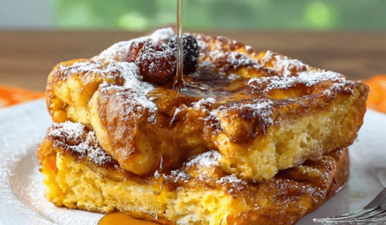 Overnight French Toast Casserole with golden crisp top in a baking dish
