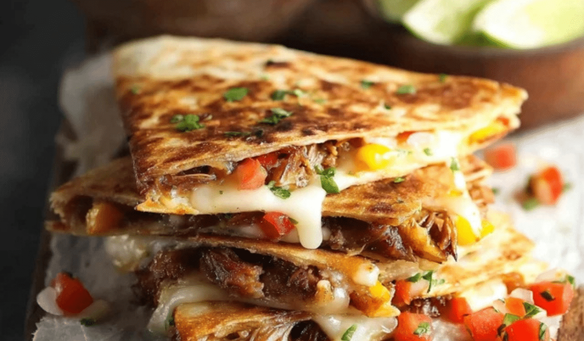 Pulled Pork Carnitas Quesadillas stacked with melty cheese and crispy tortillas