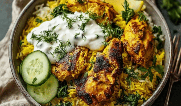 Golden Turmeric Chicken & Rice Bowl with yogurt sauce and fresh herbs