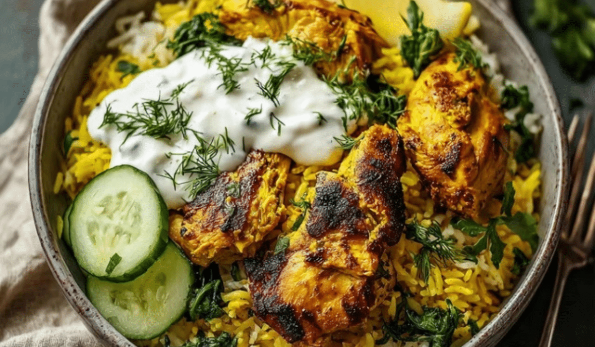 Golden Turmeric Chicken & Rice Bowl with yogurt sauce and fresh herbs