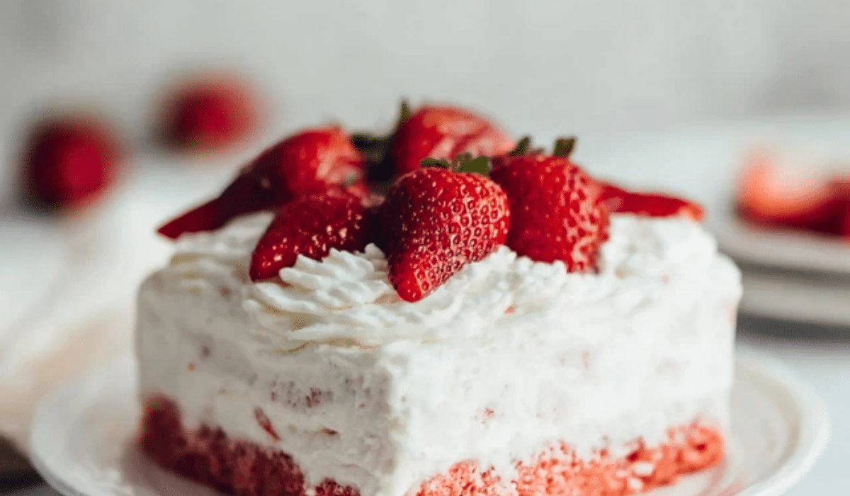 Strawberries and Cream Cake with fluffy whipped cream and fresh strawberries