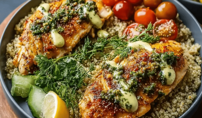 Lemon-Herb Chicken Bowls with quinoa, veggies, and lemon drizzle