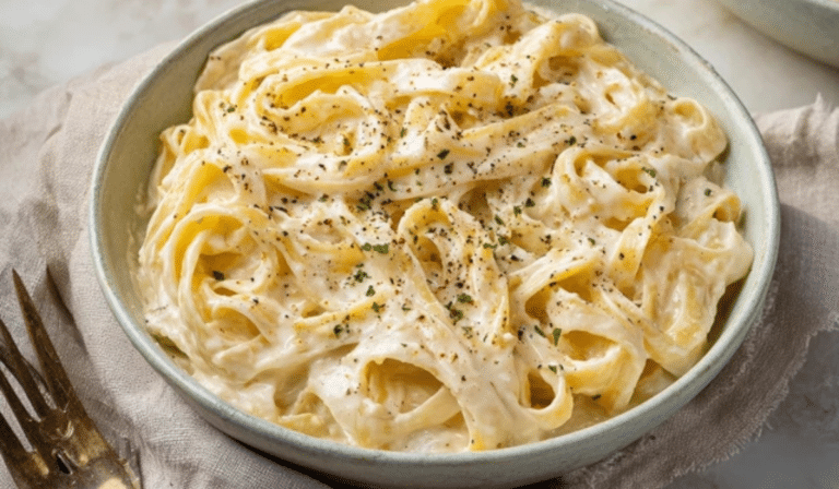 Creamy Cottage Cheese Alfredo tossed with fettuccine and parmesan