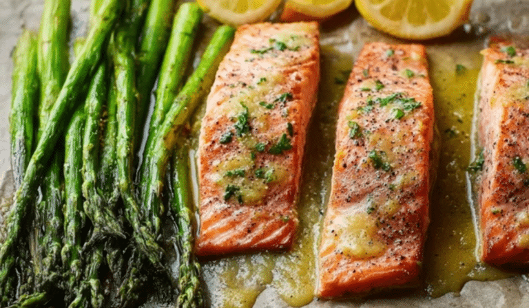Salmon & Asparagus with Lemon-Garlic Butter Sauce on a sheet pan, glossy and bright