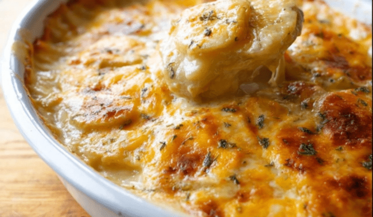 Cheesy scalloped potatoes in a baking dish with golden bubbly top
