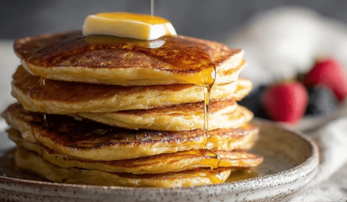 Classic sourdough pancakes stacked with butter and maple syrup