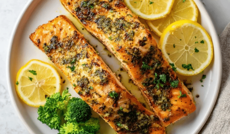 Air Fryer Lemon Garlic Salmon glazed with lemon butter and herbs