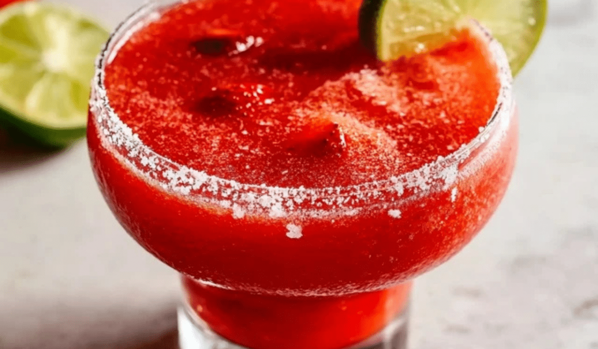 Frozen Strawberry Margarita in a salt-rimmed glass with lime