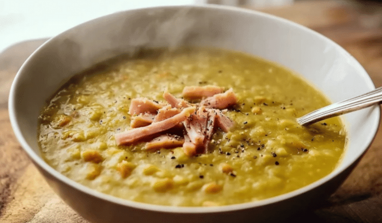 Ham and Split Pea Soup Recipe served hot with shredded ham and pepper